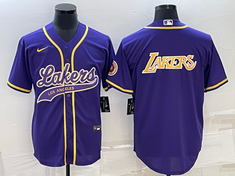 Men's Los Angeles Lakers Purple Big Logo Cool Base Stitched Baseball Jersey Men's Los Angeles Lakers Purple Big Logo Cool Base Stitched Baseball Jersey